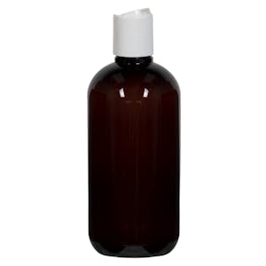 8 oz. Light Amber PET Traditional Boston Round Bottle with 24/410 White Polypropylene Dispensing Disc-Top Cap