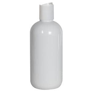 8 oz. White PET Traditional Boston Round Bottle with 24/410 White Polypropylene Dispensing Disc-Top Cap