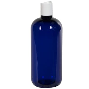 12 oz. Cobalt Blue PET Traditional Boston Round Bottle with 24/410 White Polypropylene Dispensing Disc-Top Cap