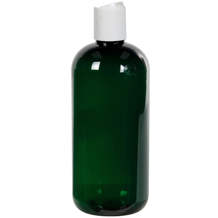 12 oz. Dark Green PET Traditional Boston Round Bottle with 24/410 White Polypropylene Dispensing Disc-Top Cap