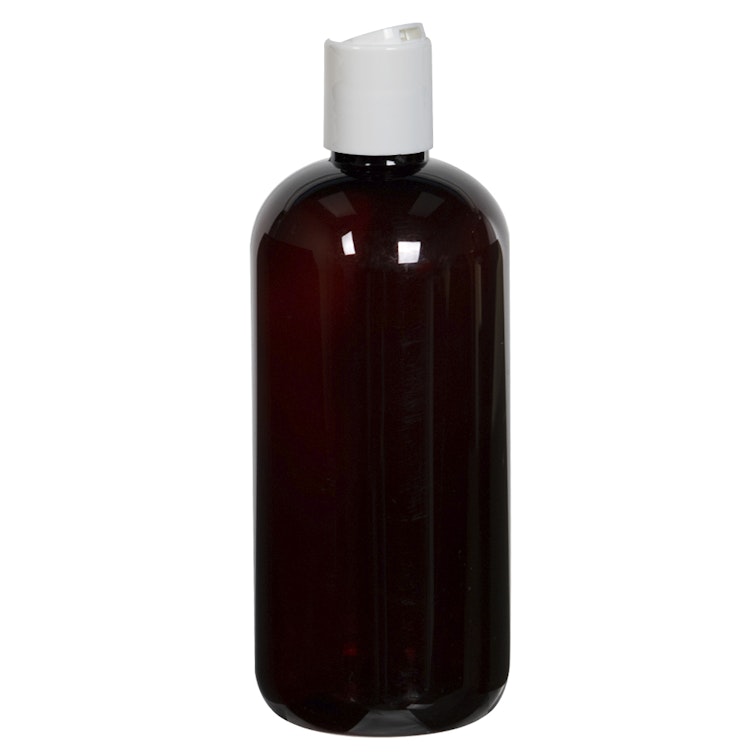 12 oz. Light Amber PET Traditional Boston Round Bottle with 24/410 White Polypropylene Dispensing Disc-Top Cap