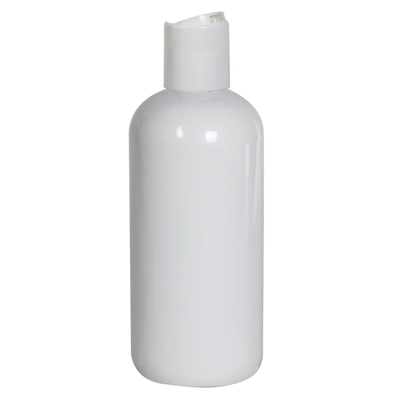 12 oz. White PET Traditional Boston Round Bottle with 24/410 White Polypropylene Disc-Top Dispensing Cap