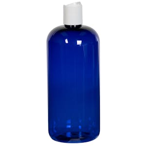 16 oz. Cobalt Blue PET Traditional Boston Round Bottle with 24/410 White Polypropylene Dispensing Disc-Top Cap