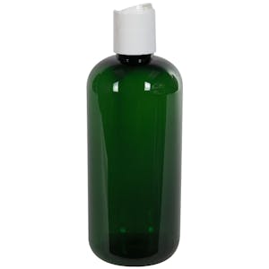 16 oz. Dark Green PET Traditional Boston Round Bottle with 28/410 White Polypropylene Dispensing Disc-Top Cap