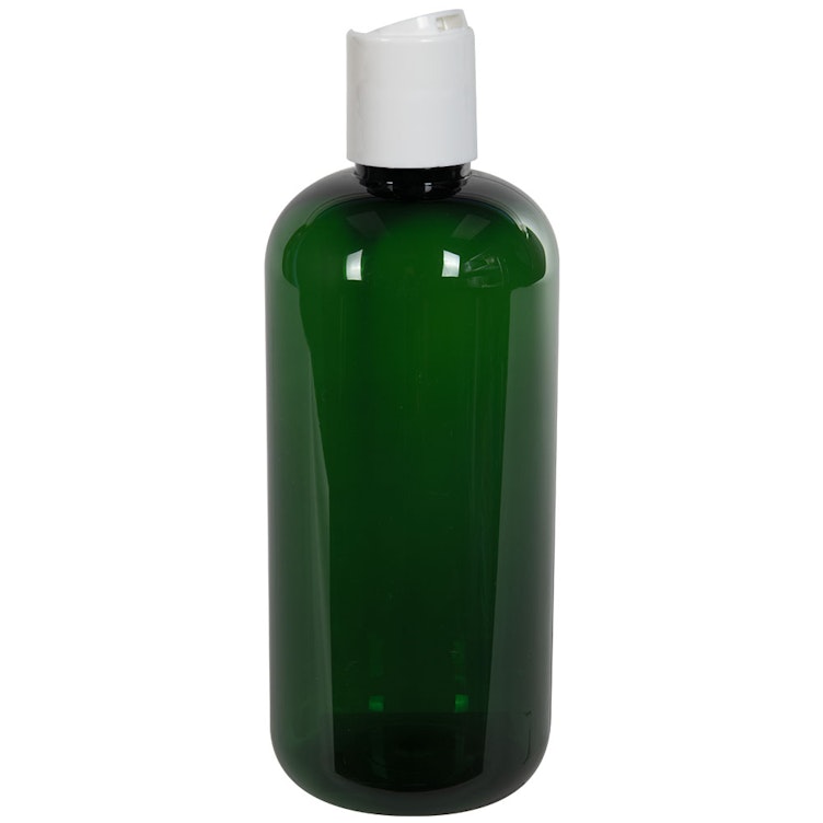 16 oz. Dark Green PET Traditional Boston Round Bottle with 24/410 White Polypropylene Dispensing Disc-Top Cap