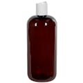 16 oz. Light Amber PET Traditional Boston Round Bottle with 24/410 White Polypropylene Dispensing Disc-Top Cap