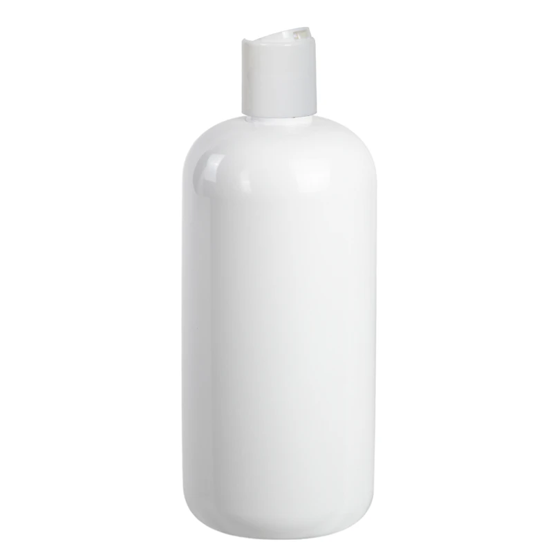 16 oz. White PET Traditional Boston Round Bottle with 24/410 White Polypropylene Disc-Top Dispensing Cap