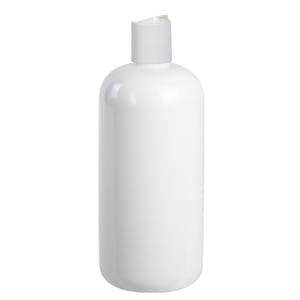 16 oz. White PET Traditional Boston Round Bottle with 24/410 White Polypropylene Dispensing Disc-Top Cap