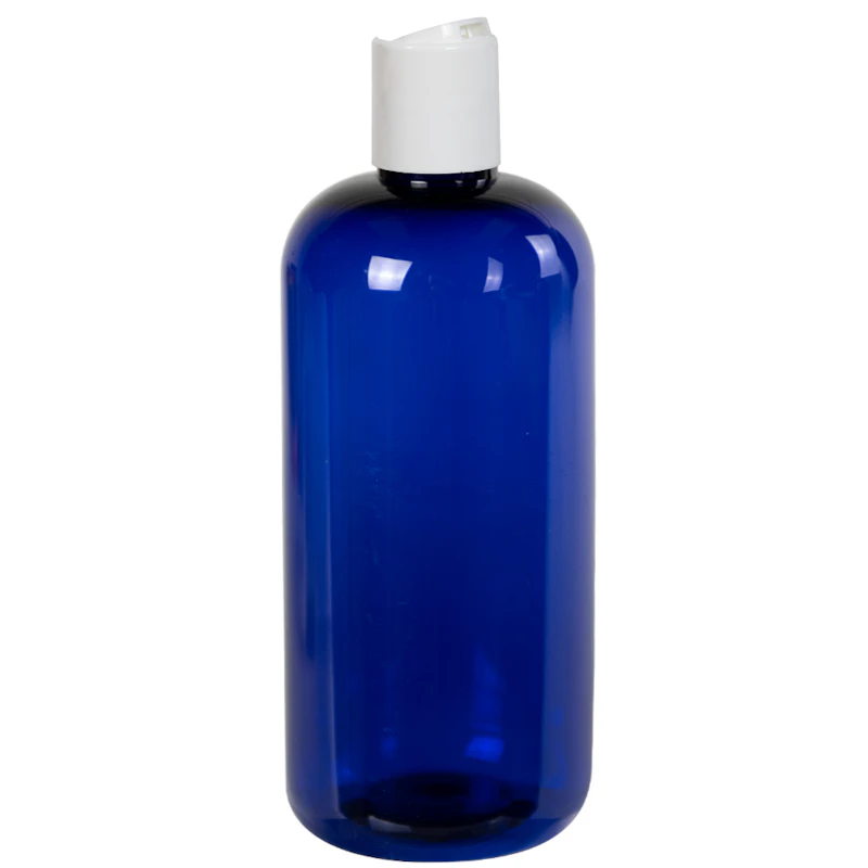 16 oz. Cobalt Blue PET Traditional Boston Round Bottle with 28/410 White Polypropylene Disc-Top Dispensing Cap