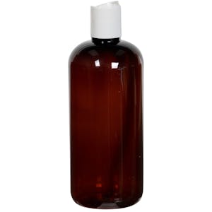16 oz. Light Amber PET Traditional Boston Round Bottle with 28/410 White Polypropylene Dispensing Disc-Top Cap
