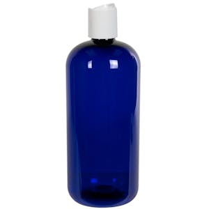 32 oz. Cobalt Blue PET Traditional Boston Round Bottle with 28/410 White Polypropylene Dispensing Disc-Top Cap
