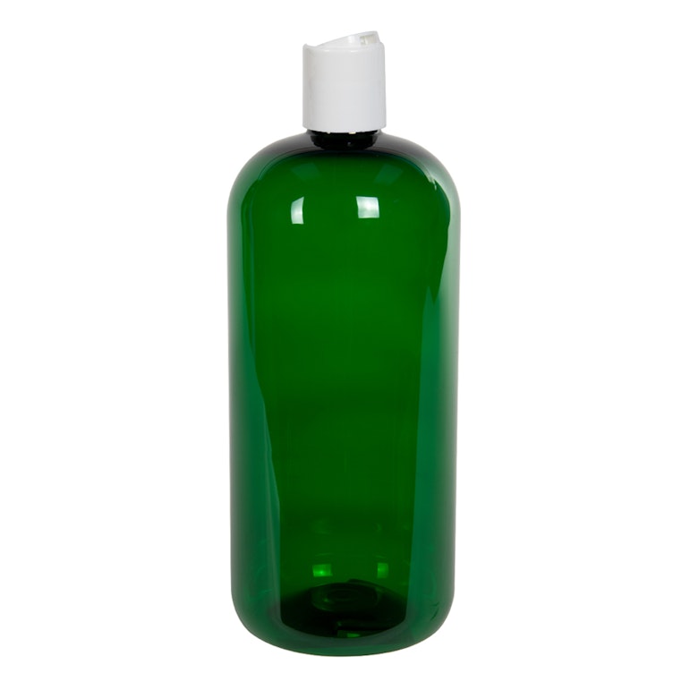 32 oz. Dark Green PET Traditional Boston Round Bottle with 28/410 White Polypropylene Dispensing Disc-Top Cap