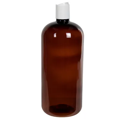 32 oz. Light Amber PET Traditional Boston Round Bottle with 28/410 White Polypropylene Disc-Top Dispensing Cap