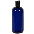 12 oz. Cobalt Blue PET Traditional Boston Round Bottle with 24/410 Black Polypropylene Dispensing Disc-Top Cap