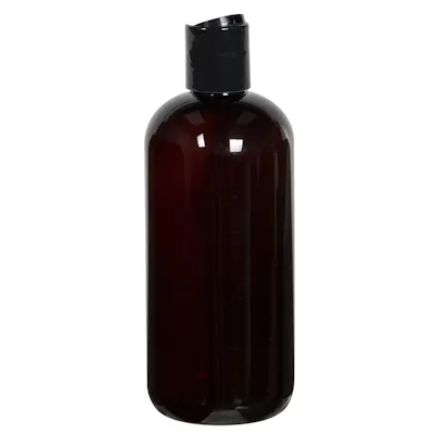 12 oz. Light Amber PET Traditional Boston Round Bottle with 24/410 Black Polypropylene Disc-Top Dispensing Cap