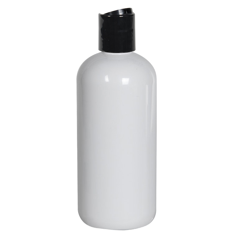12 oz. White PET Traditional Boston Round Bottle with 24/410 Black Polypropylene Dispensing Disc-Top Cap