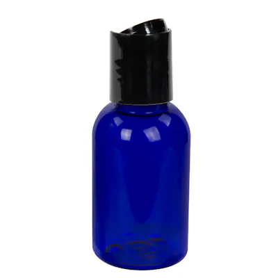 1 oz. Cobalt Blue PET Squat Boston Round Bottle with 20/410 Black Polypropylene Disc-Top Dispensing Cap