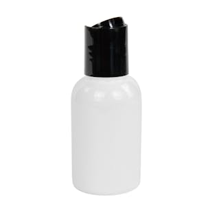 1 oz. White PET Squat Boston Round Bottle with 20/410 Black Polypropylene Dispensing Disc-Top Cap