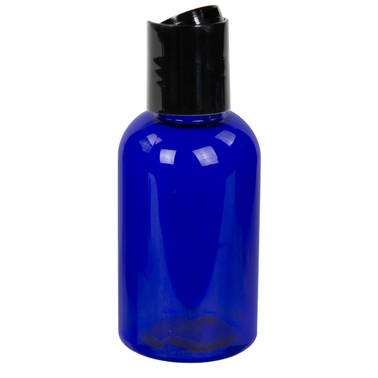 2 oz. Cobalt Blue PET Squat Boston Round Bottle with 20/410 Black Polypropylene Dispensing Disc-Top Cap