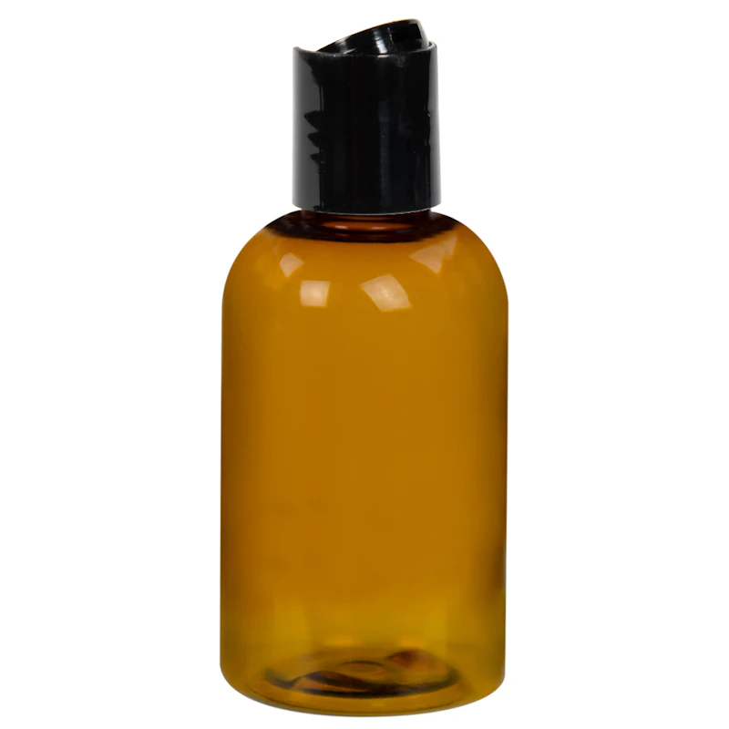 2 oz. Clarified Amber PET Squat Boston Round Bottle with 20/410 Black Polypropylene Disc-Top Dispensing Cap
