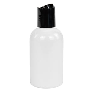 2 oz. White PET Squat Boston Round Bottle with 20/410 Black Polypropylene Dispensing Disc-Top Cap