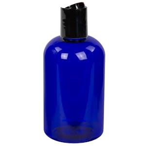 4 oz. Cobalt Blue PET Squat Boston Round Bottle with 20/410 Black Polypropylene Dispensing Disc-Top Cap
