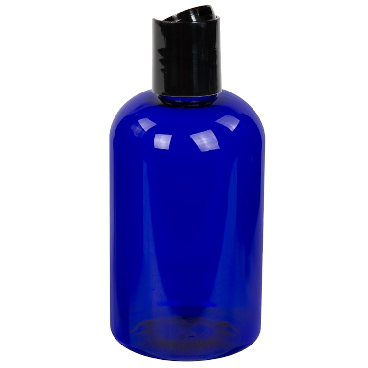 8 oz. Cobalt Blue PET Squat Boston Round Bottle with 24/410 Black Polypropylene Dispensing Disc-Top Cap