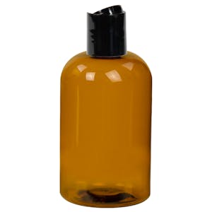 4 oz. Light Amber PET Squat Boston Round Bottle with 20/410 Black Polypropylene Dispensing Disc-Top Cap