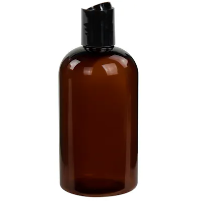 8 oz. Light Amber PET Squat Boston Round Bottle with 24/410 Black Polypropylene Disc-Top Dispensing Cap