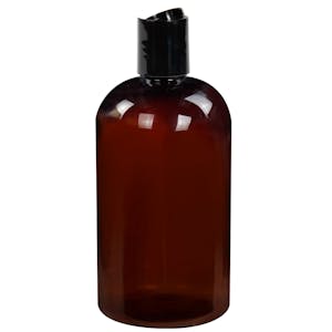 12 oz. Light Amber PET Squat Boston Round Bottle with 24/410 Black Polypropylene Dispensing Disc-Top Cap