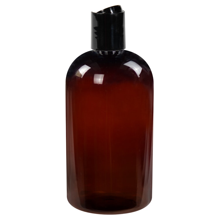 16 oz. Light Amber PET Squat Boston Round Bottle with 24/410 Black Polypropylene Dispensing Disc-Top Cap