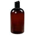 16 oz. Light Amber PET Squat Boston Round Bottle with 24/410 Black Polypropylene Dispensing Disc-Top Cap