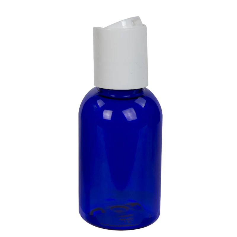 1 oz. Cobalt Blue PET Squat Boston Round Bottle with 20/410 White Polypropylene Disc-Top Dispensing Cap