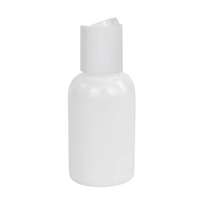 1 oz. White Polypropylene PET Squat Boston Round Bottle with 20/410 White Polypropylene Disc-Top Dispensing Cap