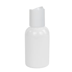 1 oz. White PET Squat Boston Round Bottle with 20/410 White Polypropylene Dispensing Disc-Top Cap