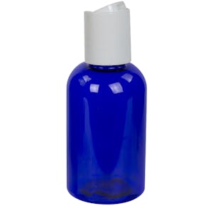 2 oz. Cobalt Blue PET Squat Boston Round Bottle with 20/410 White Polypropylene Dispensing Disc-Top Cap