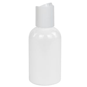 2 oz. White PET Squat Boston Round Bottle with 20/410 White Polypropylene Dispensing Disc-Top Cap