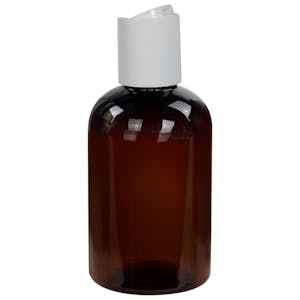 6 oz. Light Amber PET Squat Boston Round Bottle with 24/410 White Polypropylene Dispensing Disc-Top Cap
