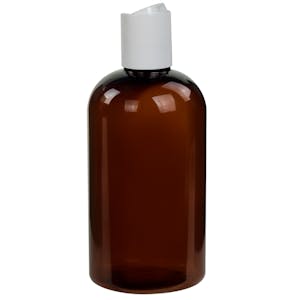 8 oz. Light Amber PET Squat Boston Round Bottle with 24/410 White Polypropylene Dispensing Disc-Top Cap