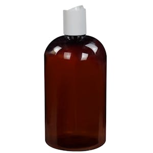 12 oz. Light Amber PET Squat Boston Round Bottle with 24/410 White Polypropylene Dispensing Disc-Top Cap