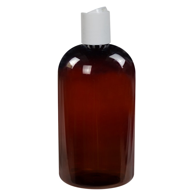 16 oz. Light Amber PET Squat Boston Round Bottle with 24/410 White Polypropylene Dispensing Disc-Top Cap