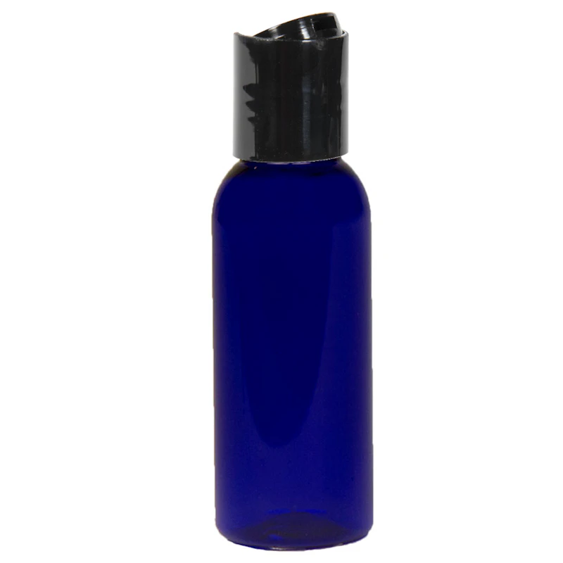 1 oz. Cobalt Blue PET Cosmo Round Bottle with 20/410 Black Polypropylene Disc-Top Dispensing Cap