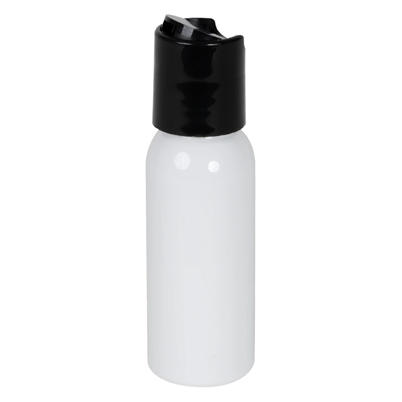 1 oz. White PET Cosmo Round Bottle with 20/410 Black Polypropylene Disc-Top Dispensing Cap