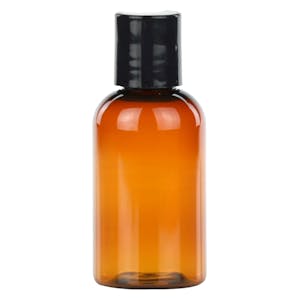 2 oz. Clarified Amber PET Cosmo Round Bottle with 20/410 Black Polypropylene Disc-Top Dispensing Cap