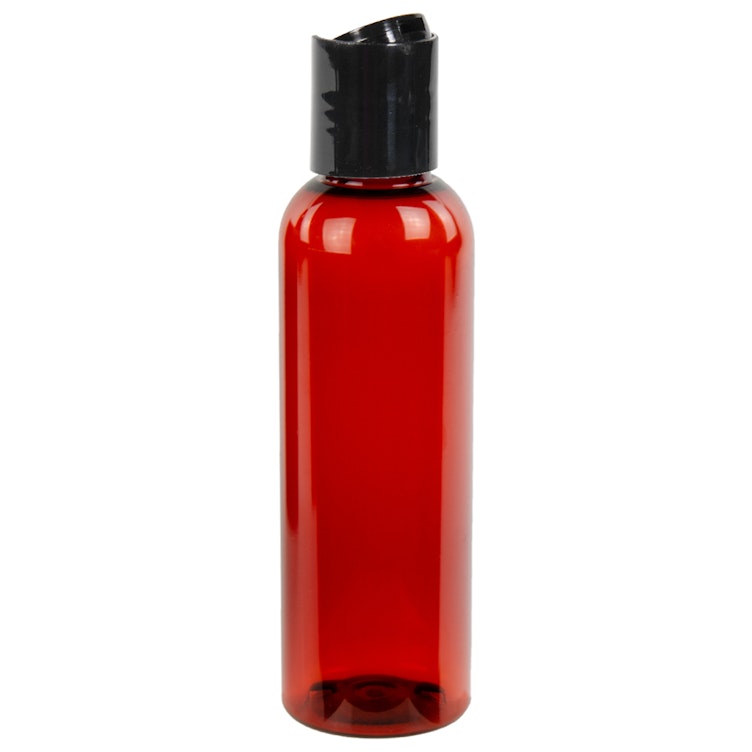 2 oz. Red Amber PET Cosmo Round Bottle with 20/410 Black Polypropylene Dispensing Disc-Top Cap