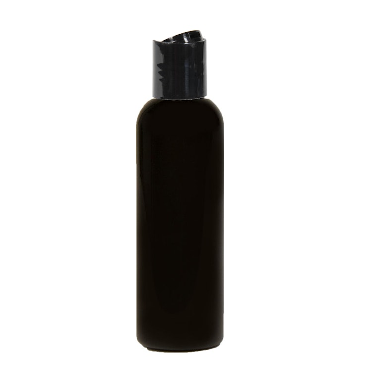 2 oz. Black PET Cosmo Round Bottle with 20/410 Black Polypropylene Dispensing Disc-Top Cap