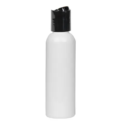 2 oz. White PET Cosmo Round Bottle with 20/410 Black Polypropylene Disc-Top Dispensing Cap