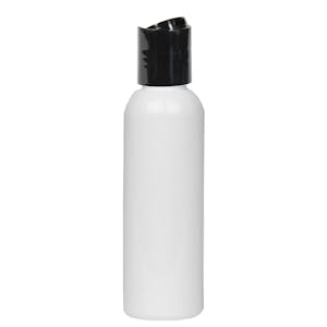 2 oz. White PET Cosmo Round Bottle with 20/410 Black Polypropylene Dispensing Disc-Top Cap