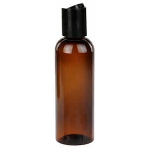 2 oz. Light Amber PET Cosmo Round Bottle with 20/410 Black Polypropylene Disc-Top Dispensing Cap
