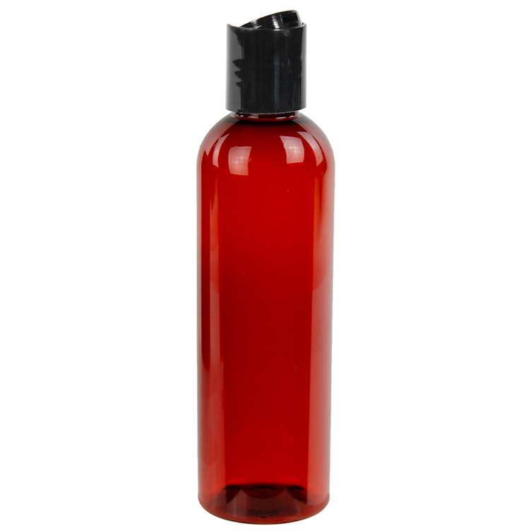 2 oz. Light Amber PET Cosmo Round Bottle with 20/410 Black Polypropylene Dispensing Disc-Top Cap